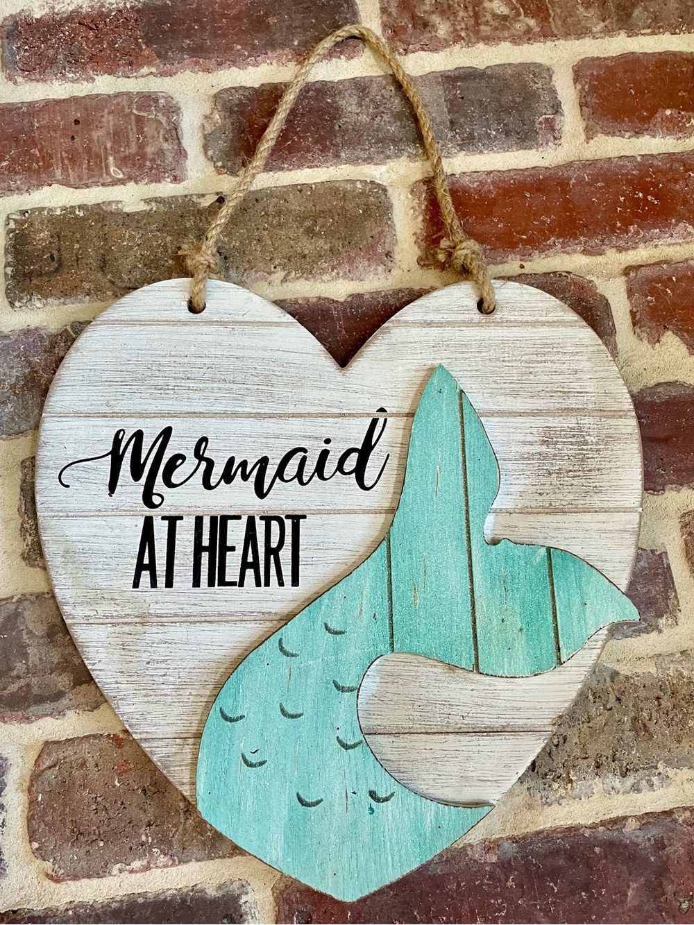 Mermaid at Heart Coastal Wall Sign | Rustic Beach House Decor | Wooden Heart